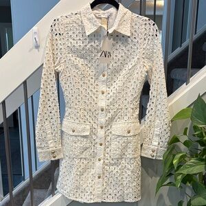 NWT ZARA Broderie Button Down Dress in White.